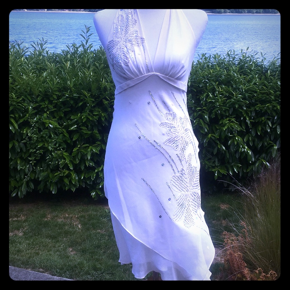 White Beaded Silk Halter Dress